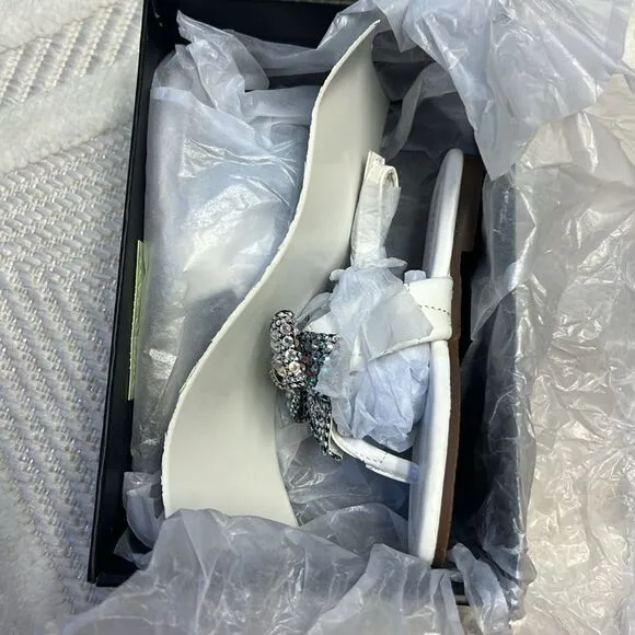 Kurt Geiger Mini Kensington T-Bar Sandal in White and Silver