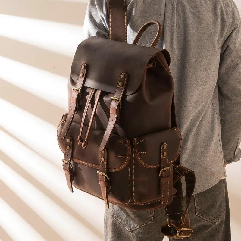 Large Mens Vintage Leather Backpack for Laptop