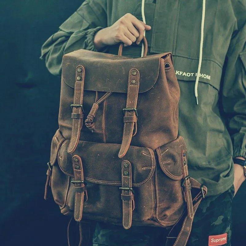 Large Mens Vintage Leather Backpack for Laptop