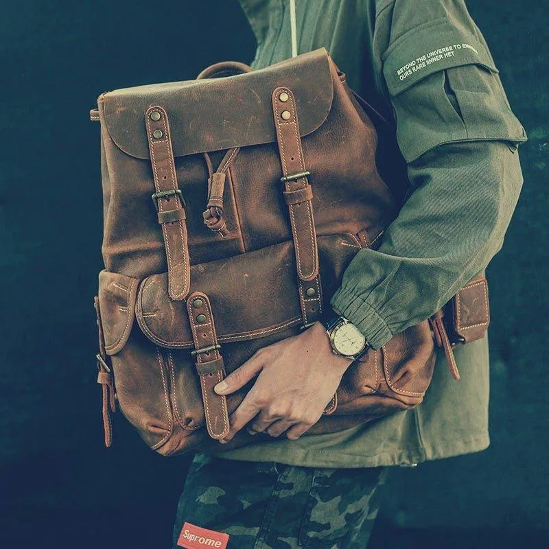 Large Mens Vintage Leather Backpack for Laptop
