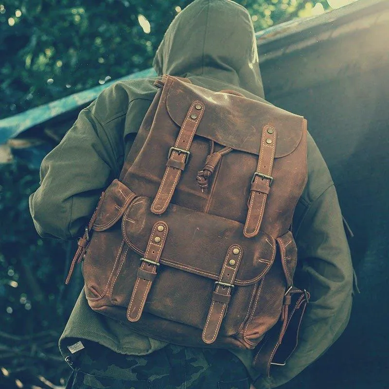 Large Mens Vintage Leather Backpack for Laptop