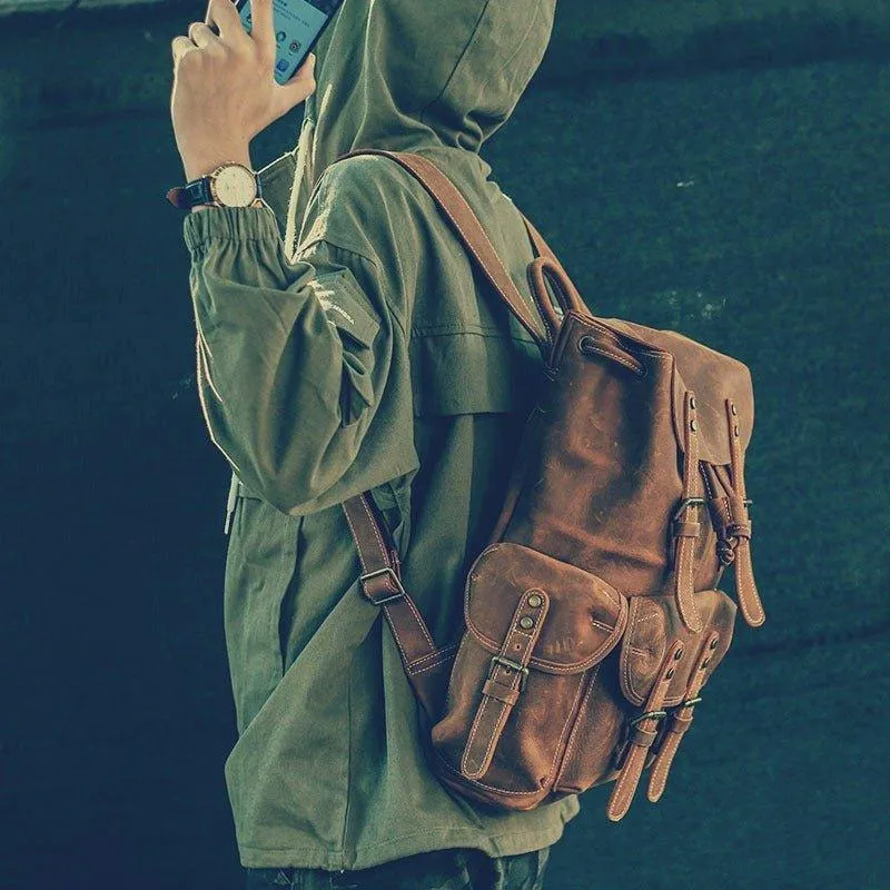 Large Mens Vintage Leather Backpack for Laptop