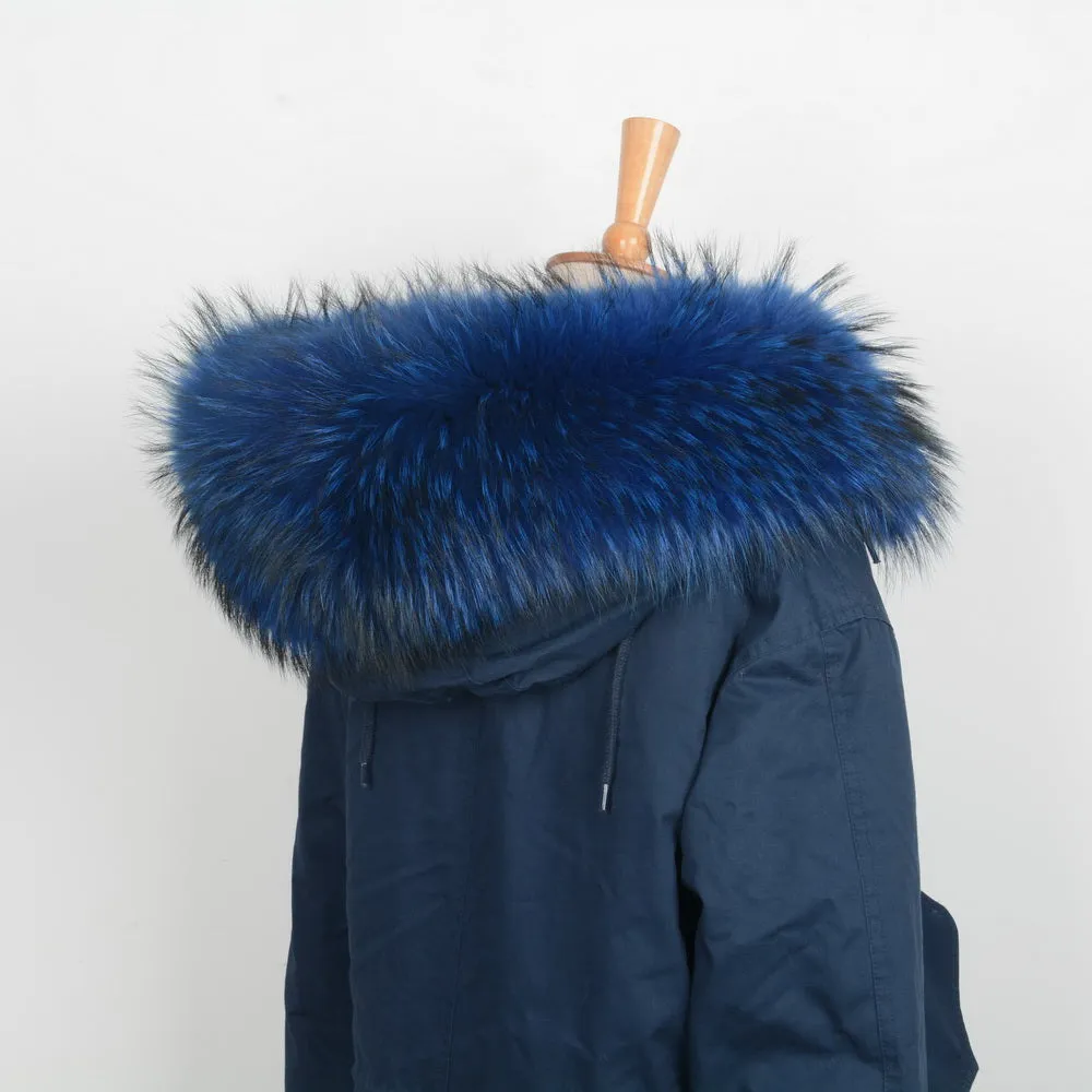 Large Real Fur Trim Raccoon Collar Parka Hood Women Men Blue Scarf Hooks