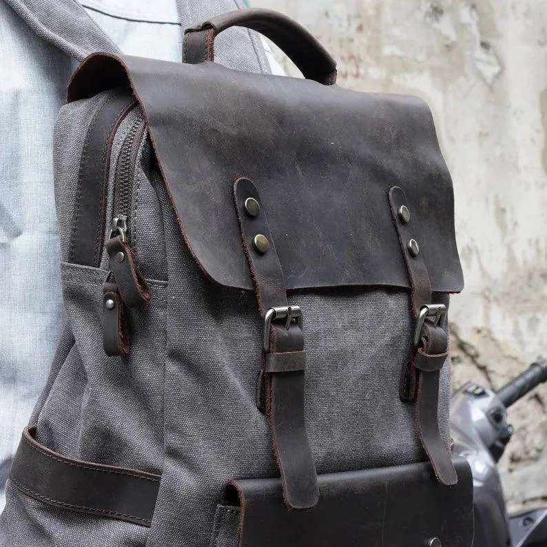 Leather Canvas Backpack 15.6 inch