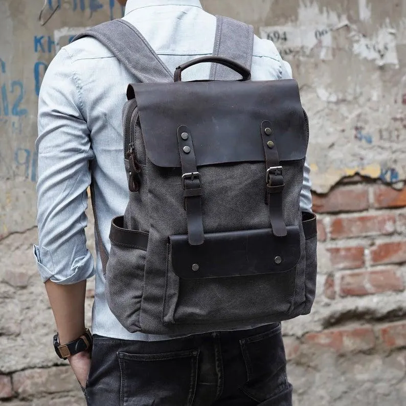 Leather Canvas Backpack 15.6 inch