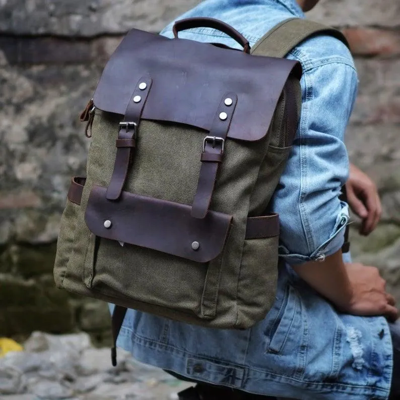 Leather Canvas Backpack 15.6 inch