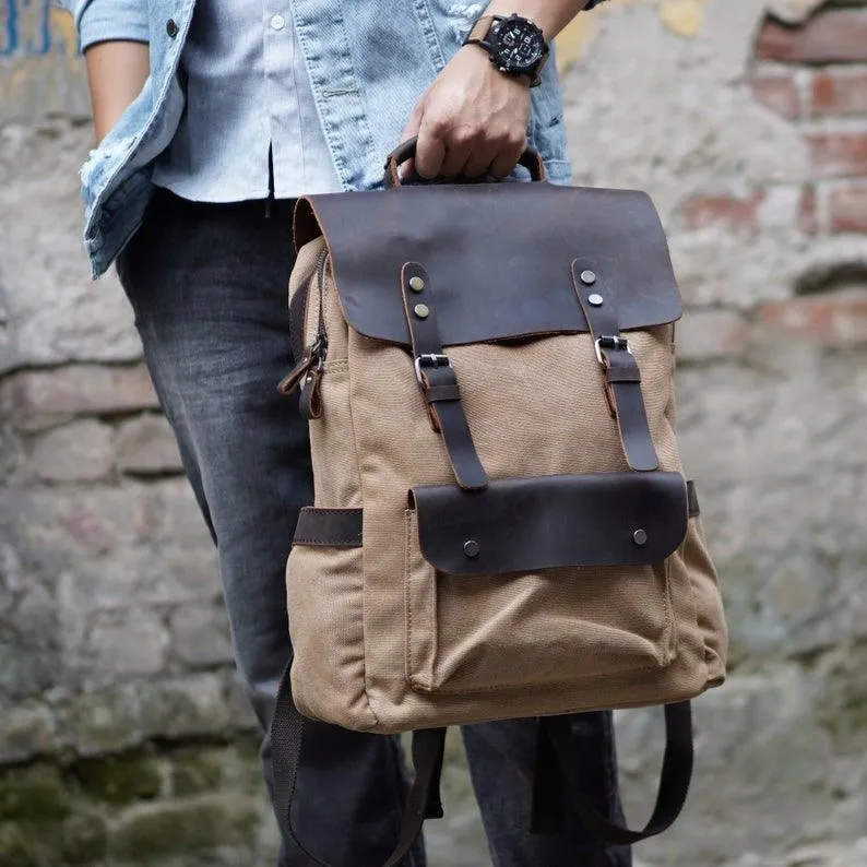 Leather Canvas Backpack 15.6 inch