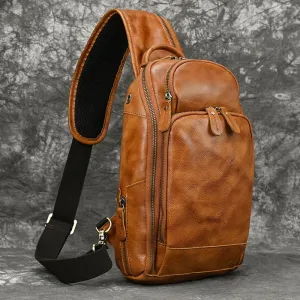 Leather Sling Bag Chest Bag Single Strap Pack - Caramel - USB Power Plug
