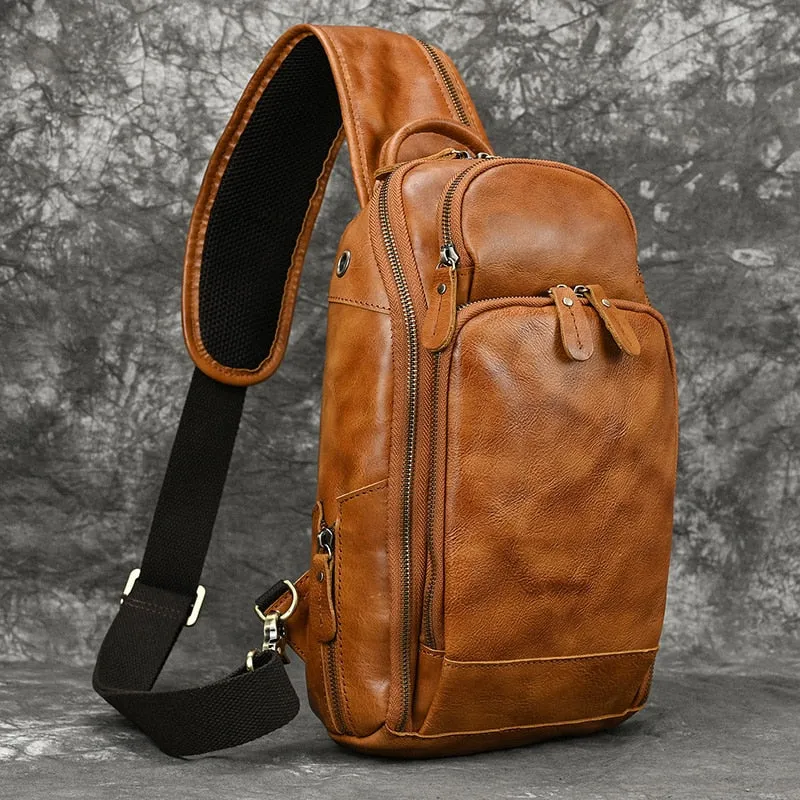 Leather Sling Bag Chest Bag Single Strap Pack - Caramel - USB Power Plug