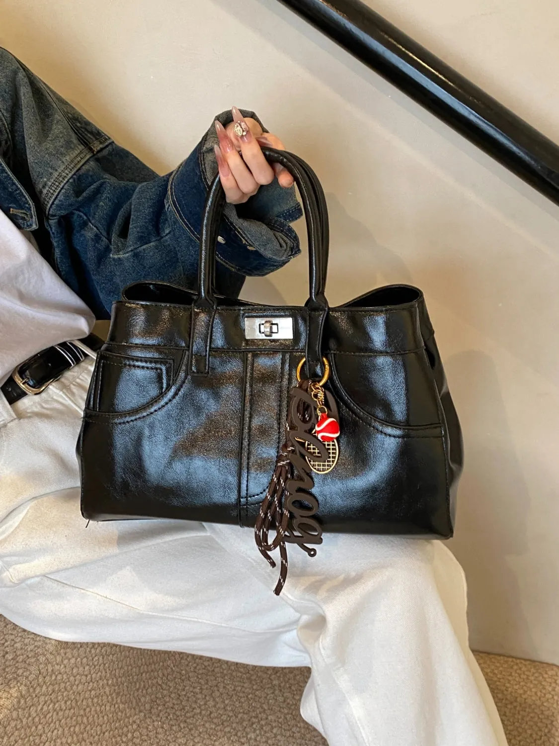 Luxe Charm PU Leather Handbag – With Signature Pendant