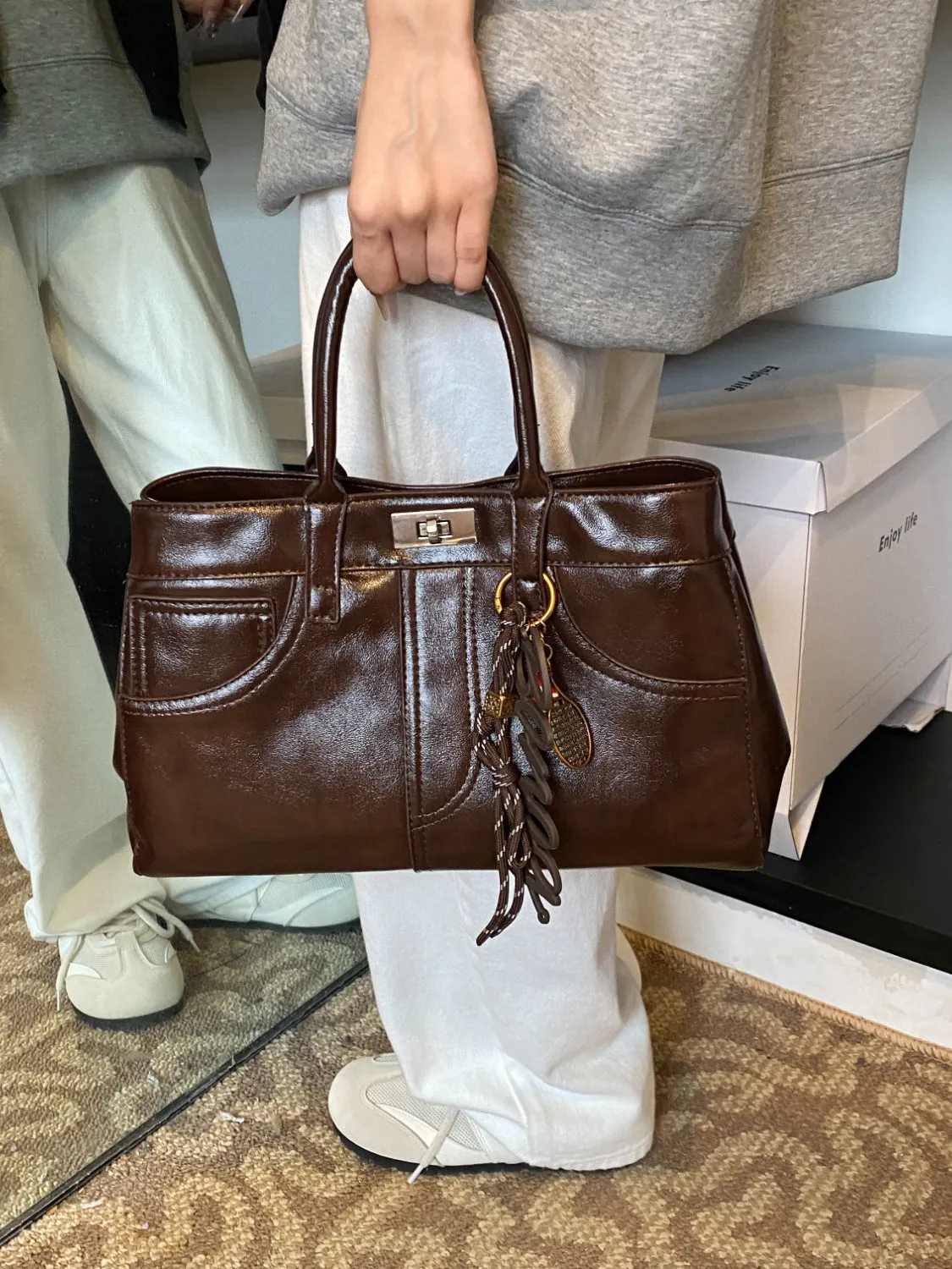 Luxe Charm PU Leather Handbag – With Signature Pendant
