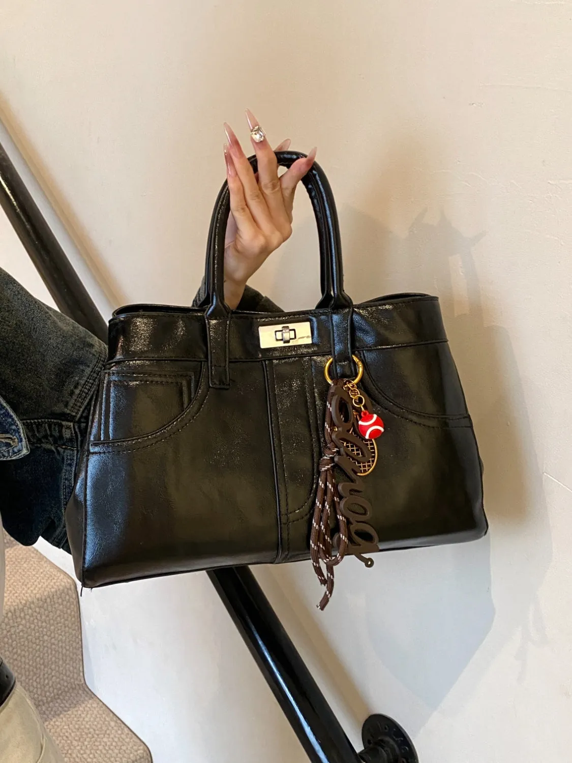 Luxe Charm PU Leather Handbag – With Signature Pendant
