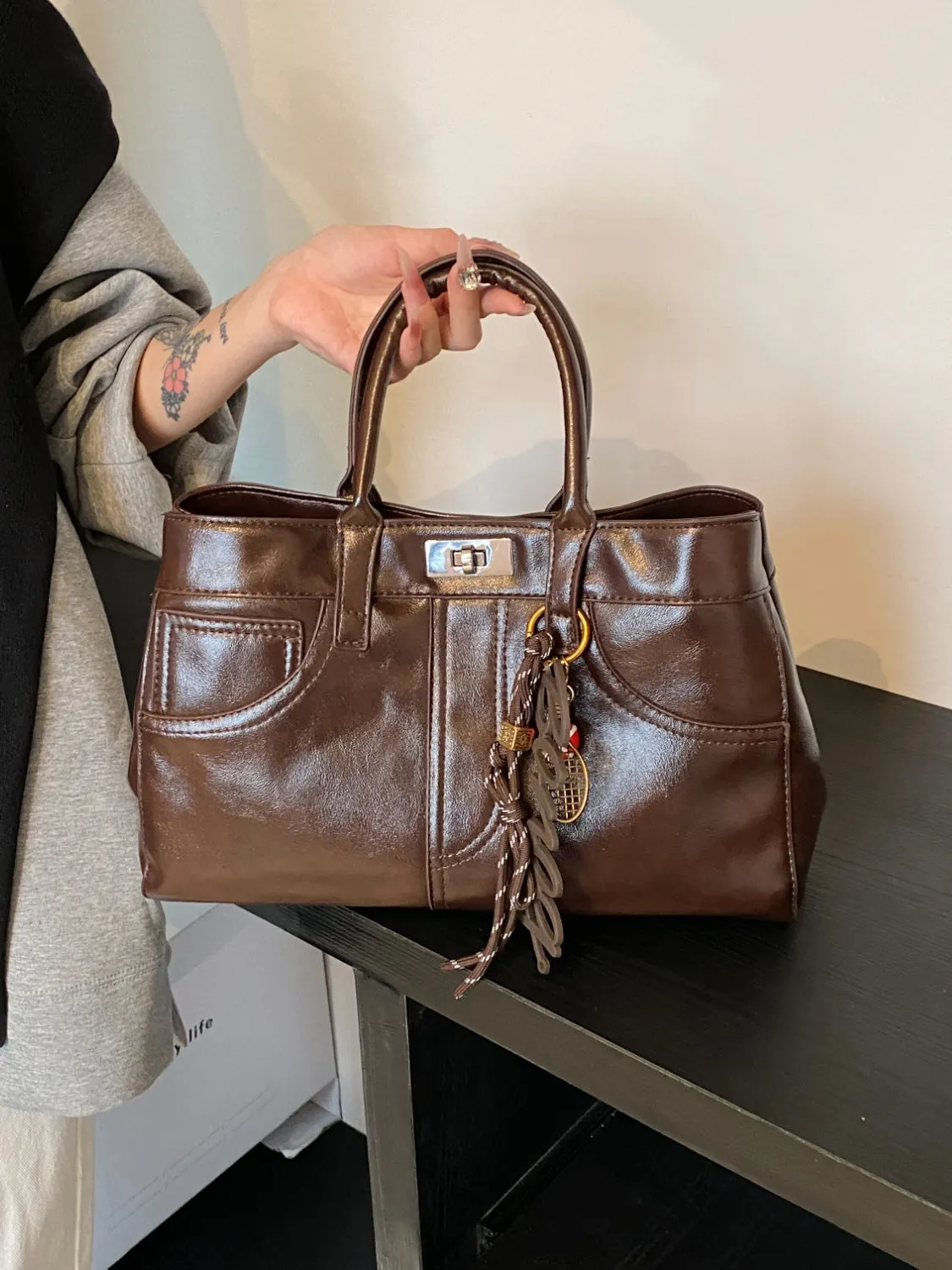Luxe Charm PU Leather Handbag – With Signature Pendant