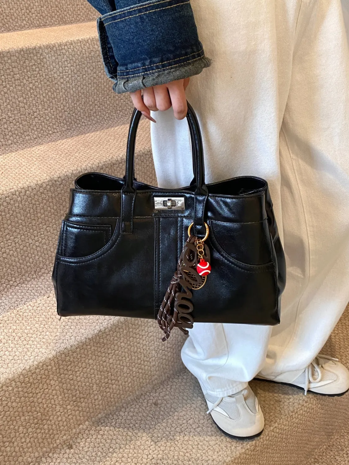 Luxe Charm PU Leather Handbag – With Signature Pendant