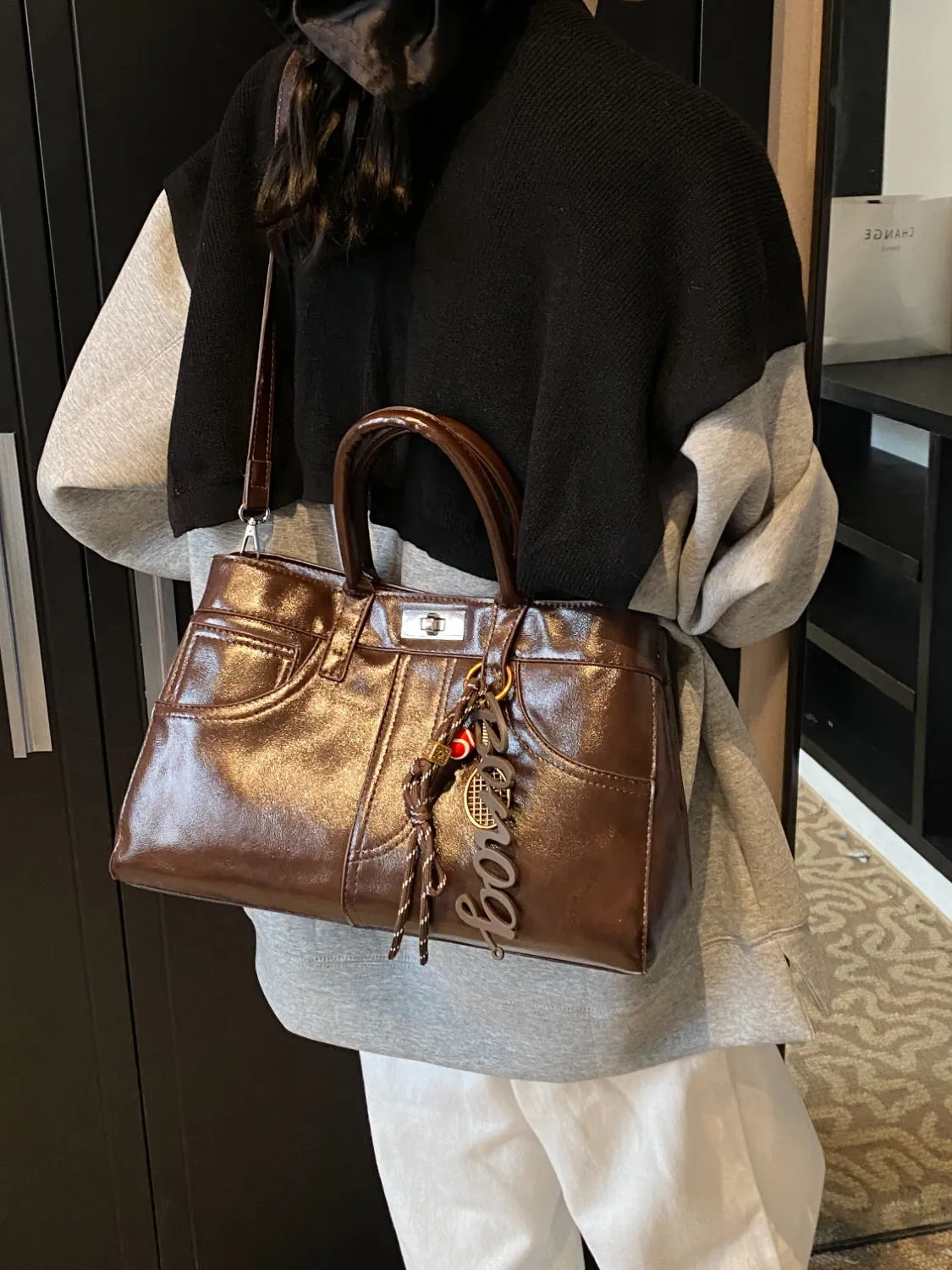Luxe Charm PU Leather Handbag – With Signature Pendant