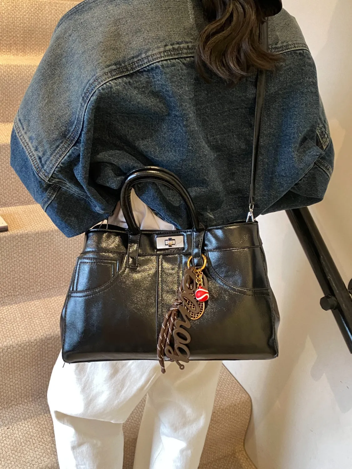 Luxe Charm PU Leather Handbag – With Signature Pendant