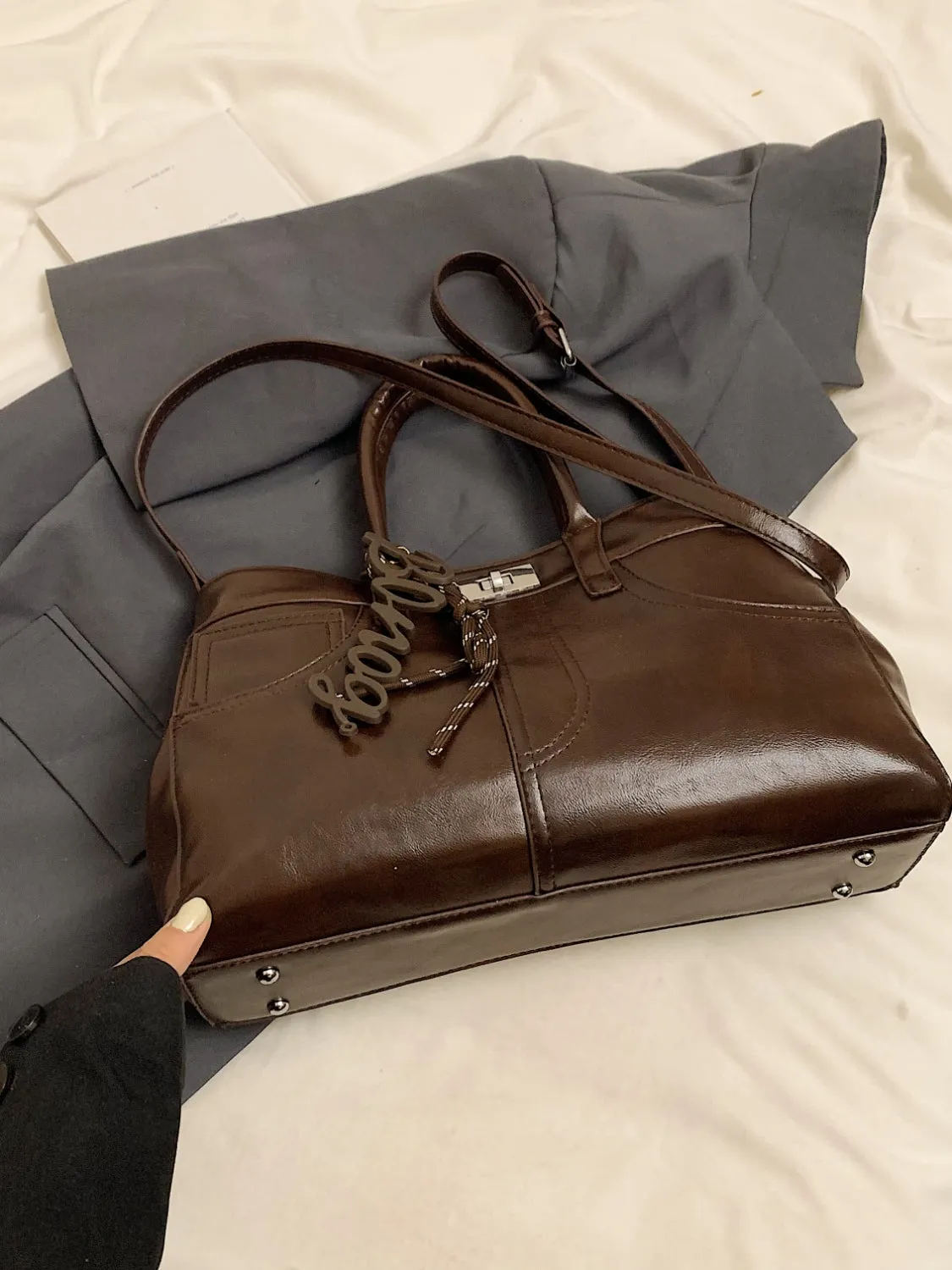 Luxe Charm PU Leather Handbag – With Signature Pendant