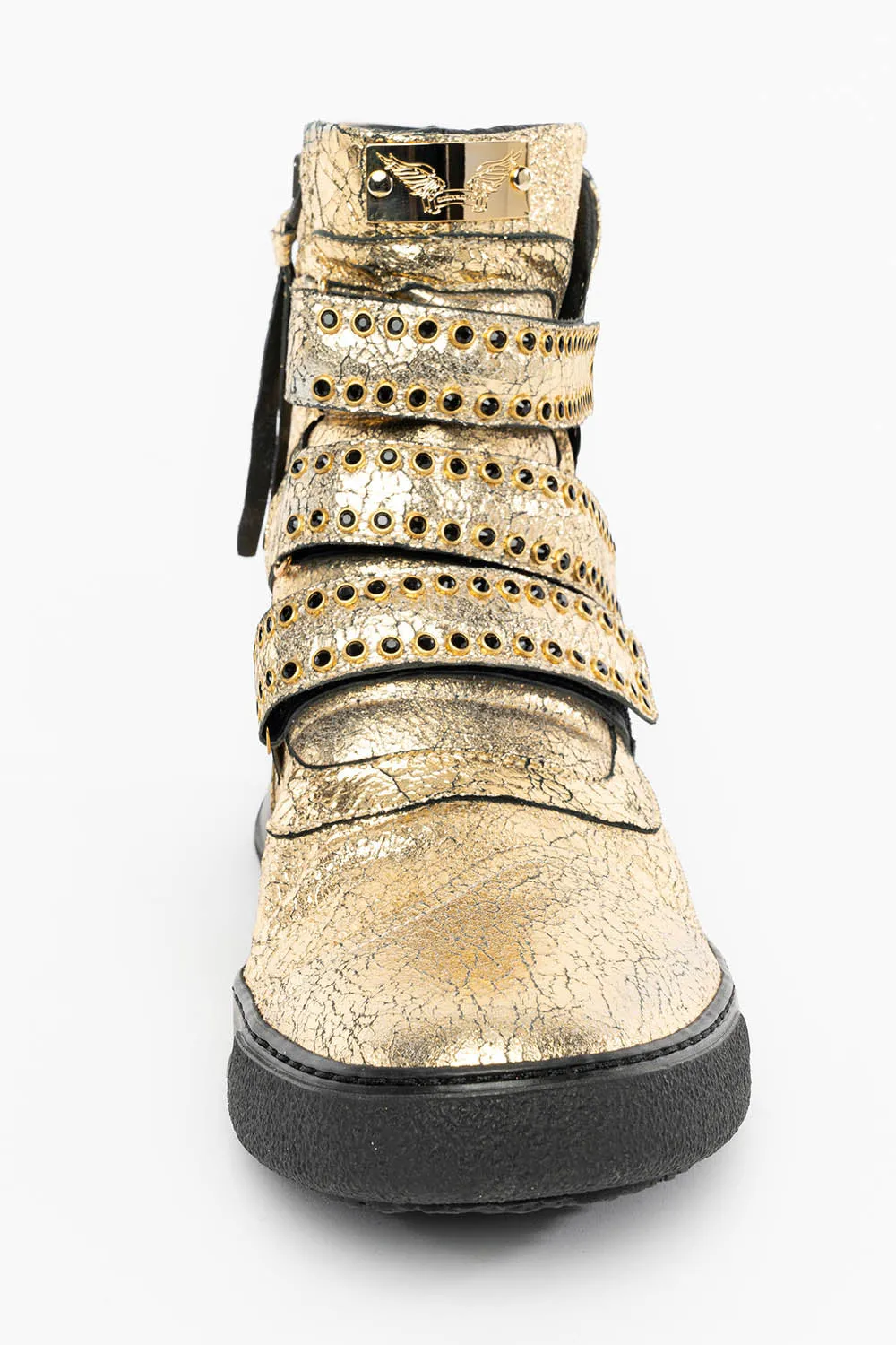 MENS HIGH TOP VELCRO  SHOES IN CRACKLED GOLD LEATHER WITH CRYSTAL EMBELLISHMENT