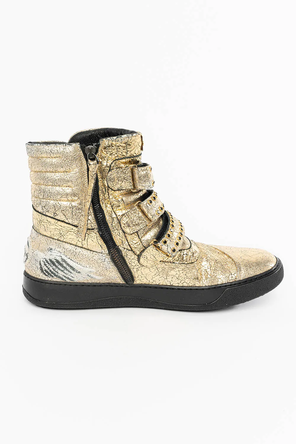 MENS HIGH TOP VELCRO  SHOES IN CRACKLED GOLD LEATHER WITH CRYSTAL EMBELLISHMENT