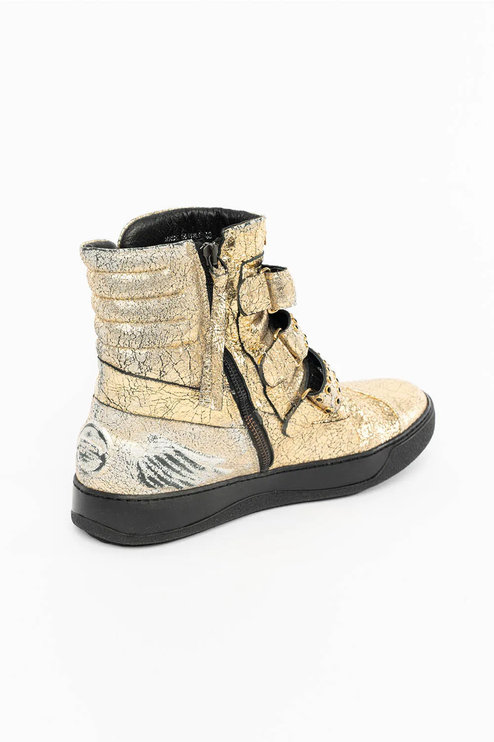 MENS HIGH TOP VELCRO  SHOES IN CRACKLED GOLD LEATHER WITH CRYSTAL EMBELLISHMENT
