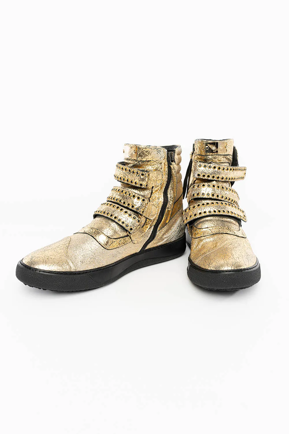 MENS HIGH TOP VELCRO  SHOES IN CRACKLED GOLD LEATHER WITH CRYSTAL EMBELLISHMENT