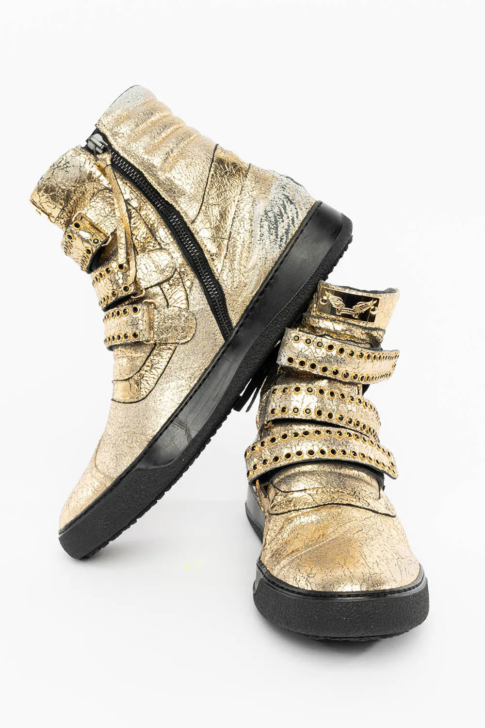 MENS HIGH TOP VELCRO  SHOES IN CRACKLED GOLD LEATHER WITH CRYSTAL EMBELLISHMENT