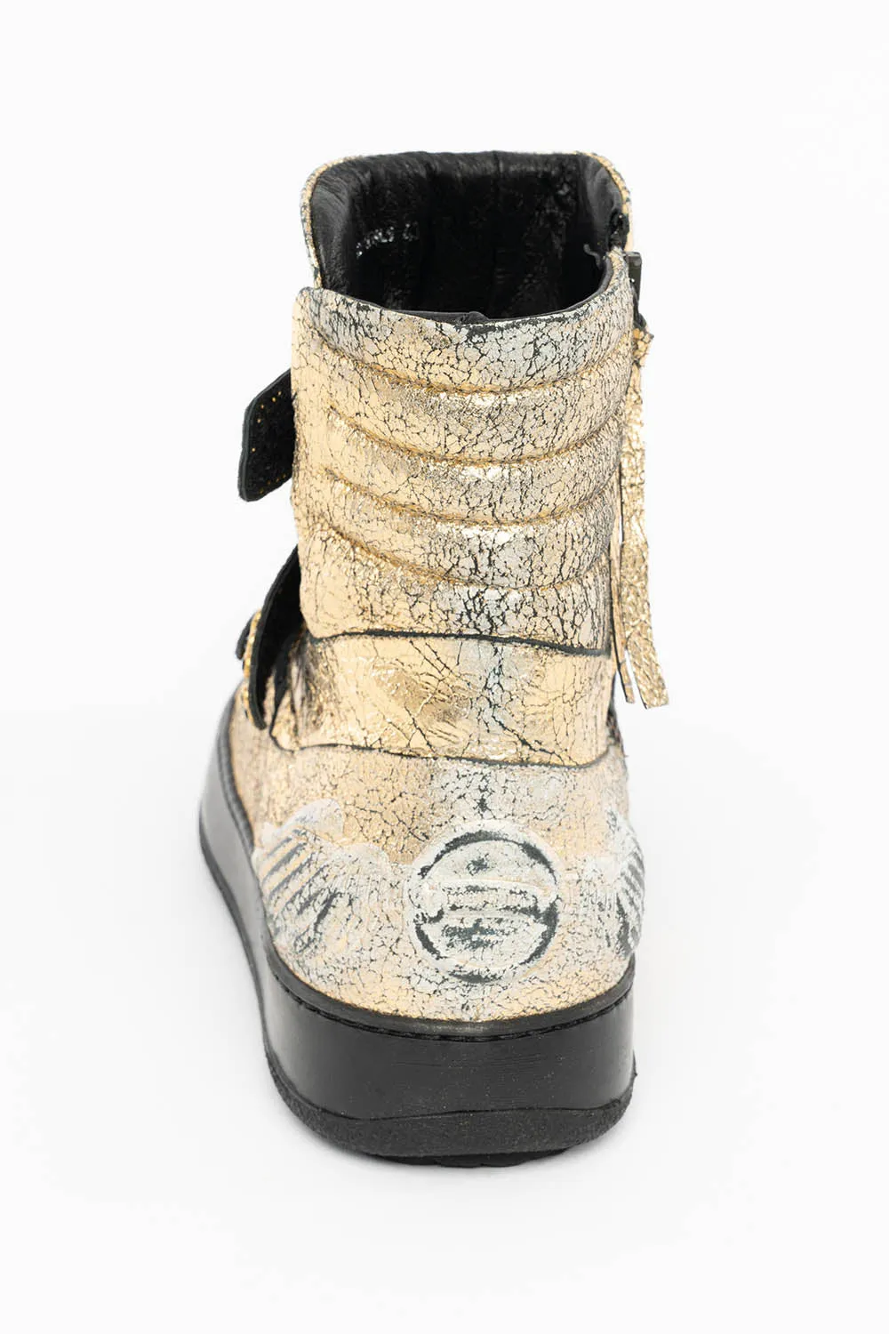 MENS HIGH TOP VELCRO  SHOES IN CRACKLED GOLD LEATHER WITH CRYSTAL EMBELLISHMENT