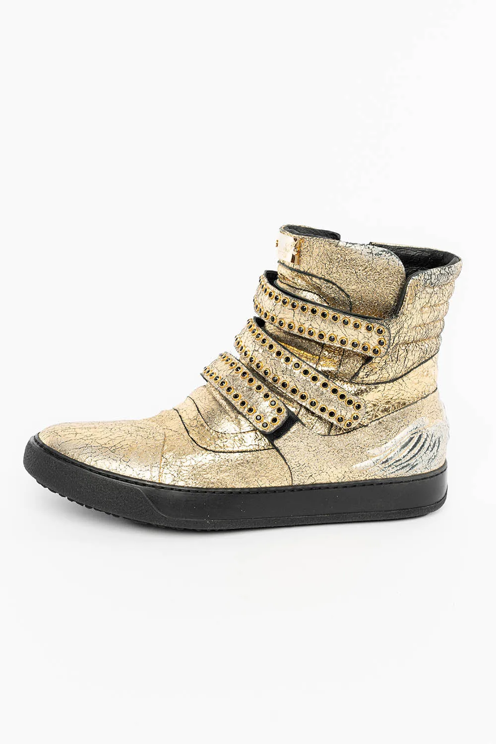 MENS HIGH TOP VELCRO  SHOES IN CRACKLED GOLD LEATHER WITH CRYSTAL EMBELLISHMENT
