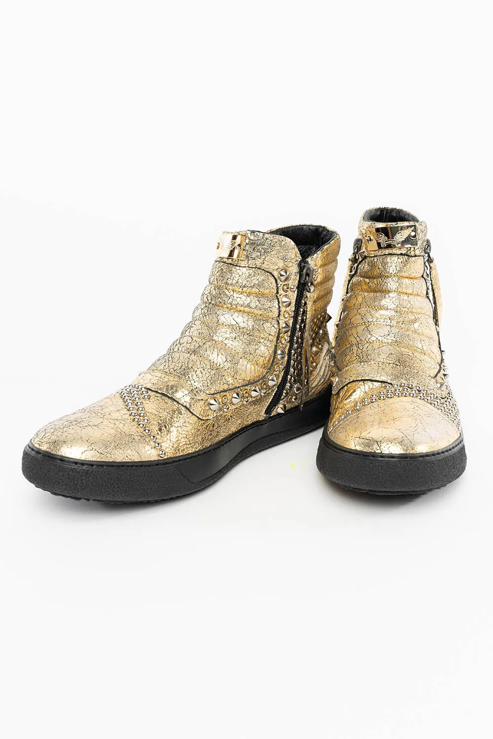 MENS MID TOP BIKER SHOES IN CRACKLED GOLD LEATHER WITH CRYSTALS AND STUDS  EMBELLISHMENT
