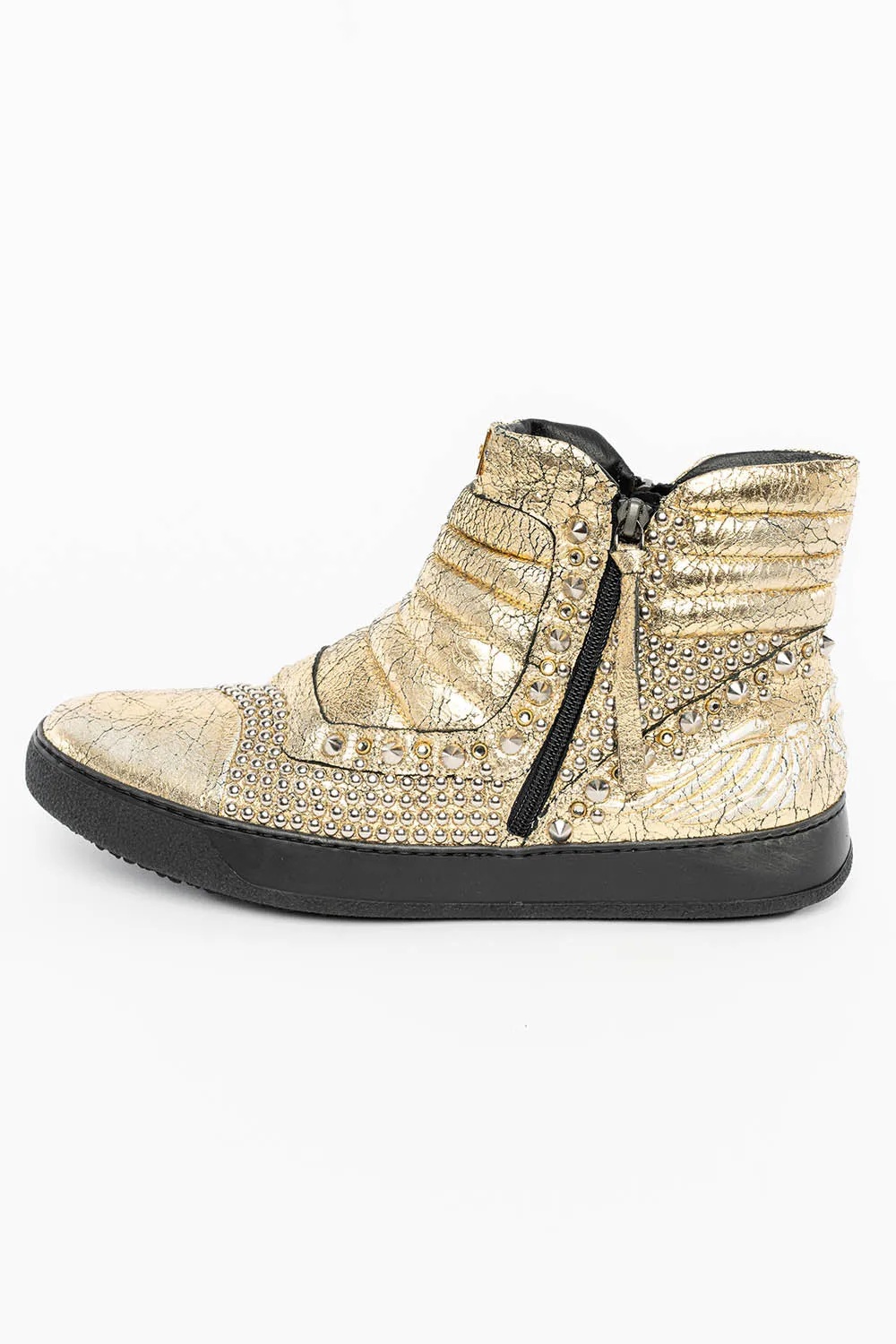 MENS MID TOP BIKER SHOES IN CRACKLED GOLD LEATHER WITH CRYSTALS AND STUDS  EMBELLISHMENT