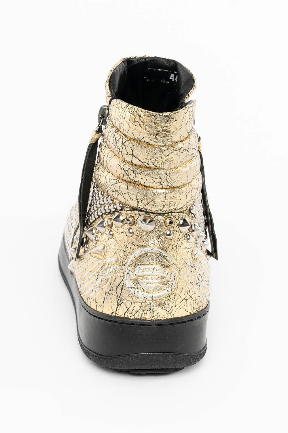 MENS MID TOP BIKER SHOES IN CRACKLED GOLD LEATHER WITH CRYSTALS AND STUDS  EMBELLISHMENT