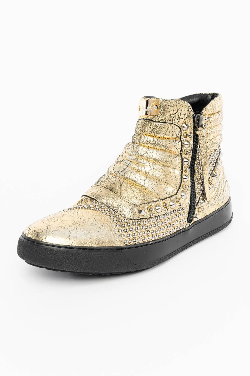 MENS MID TOP BIKER SHOES IN CRACKLED GOLD LEATHER WITH CRYSTALS AND STUDS  EMBELLISHMENT