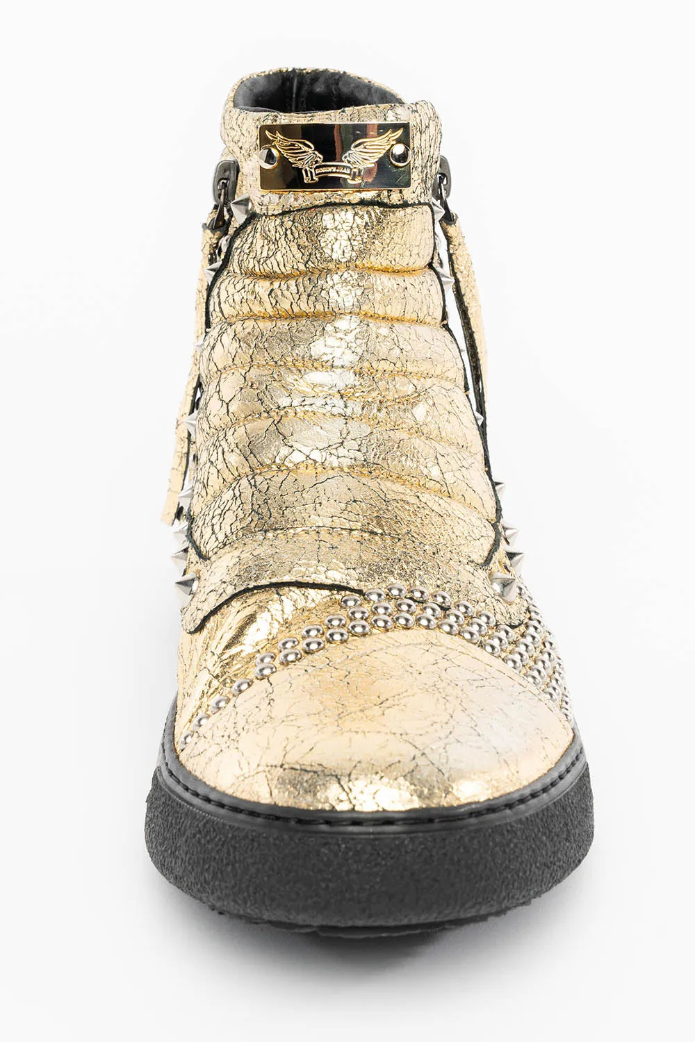 MENS MID TOP BIKER SHOES IN CRACKLED GOLD LEATHER WITH CRYSTALS AND STUDS  EMBELLISHMENT