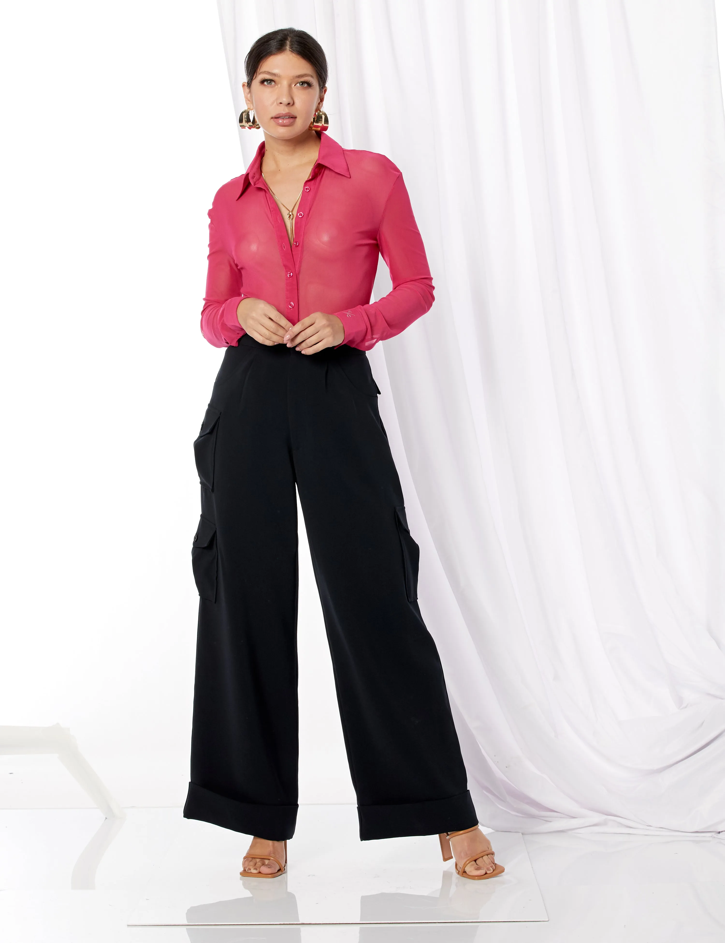 Mesh Button Dress Shirt - Hot Pink
