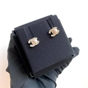 Mini Single Pearl Crystal CC Stud Earrings