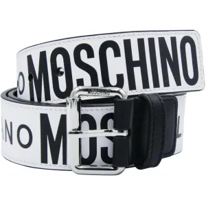 Moschino Leather Belt With All Over Logo Silver Buckle