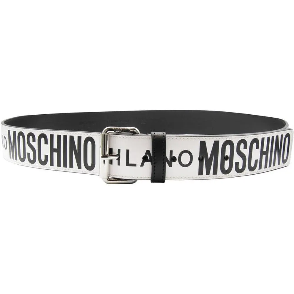 Moschino Leather Belt With All Over Logo Silver Buckle