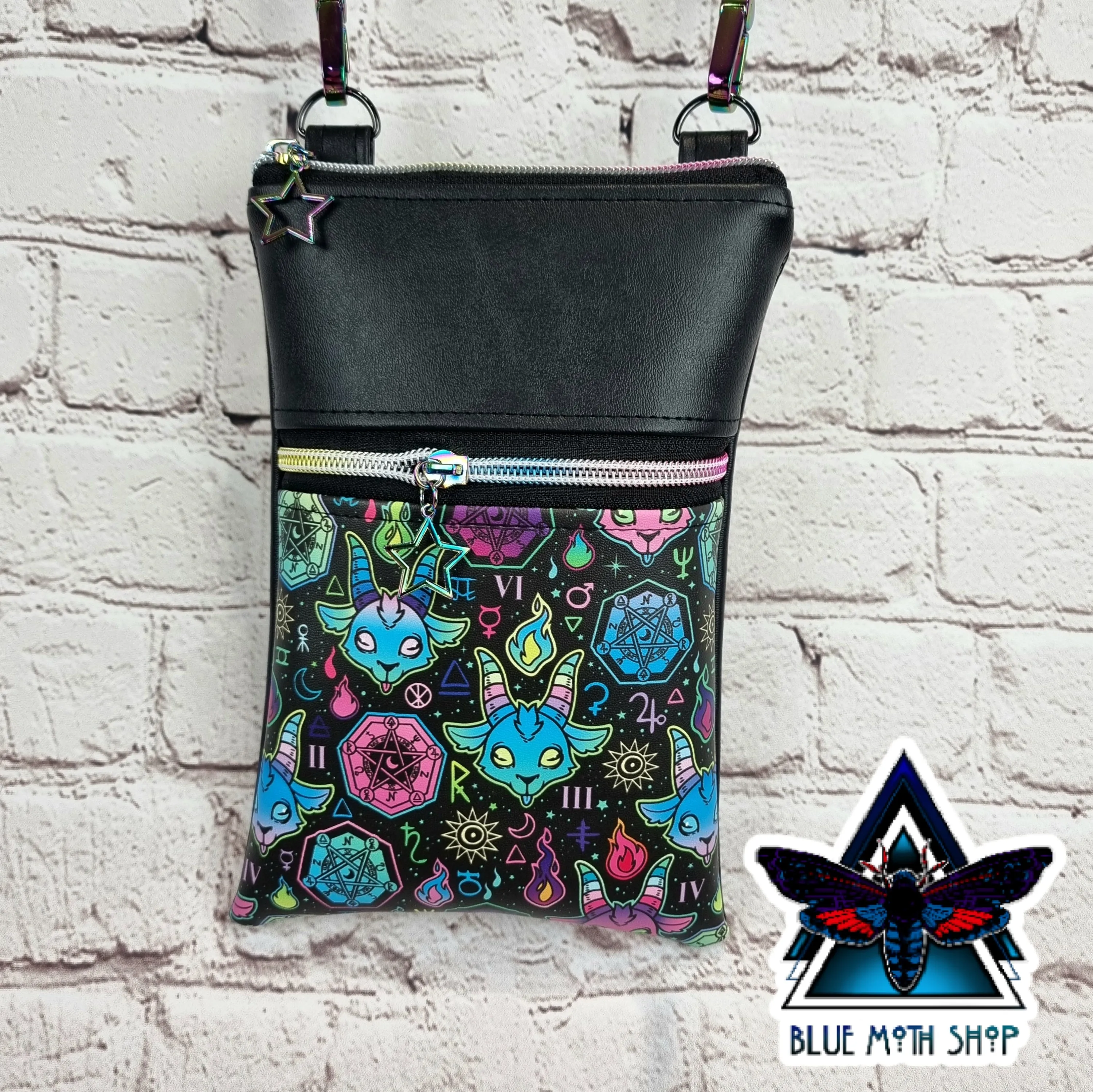 Neon Baphomed Goat Faux Leather Phone Crossbody Phone Bag