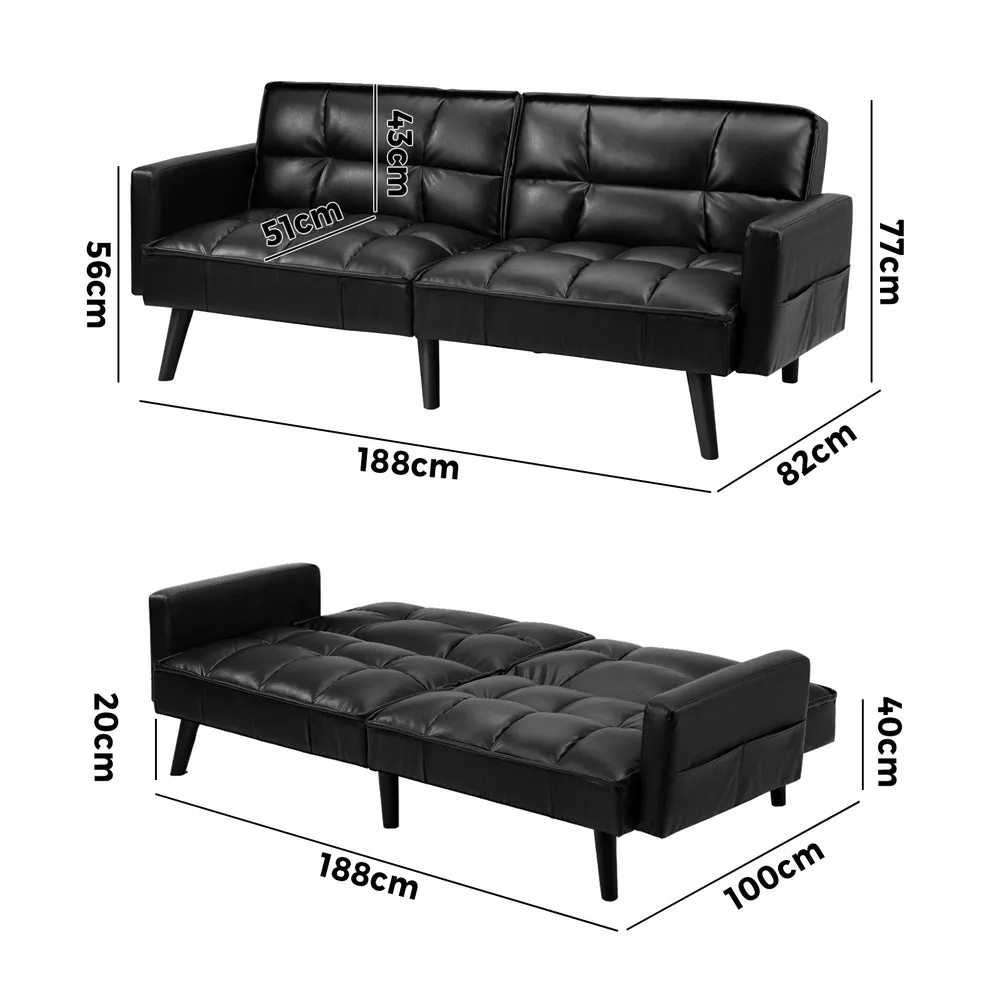 NOVA Sofa Bed Futon Convertible Leather 3-Seater Black