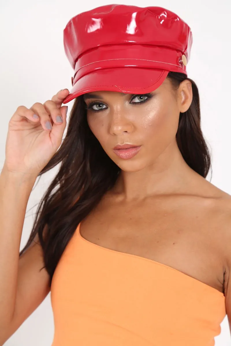 Red PU Baker Boy Hat - Jenise