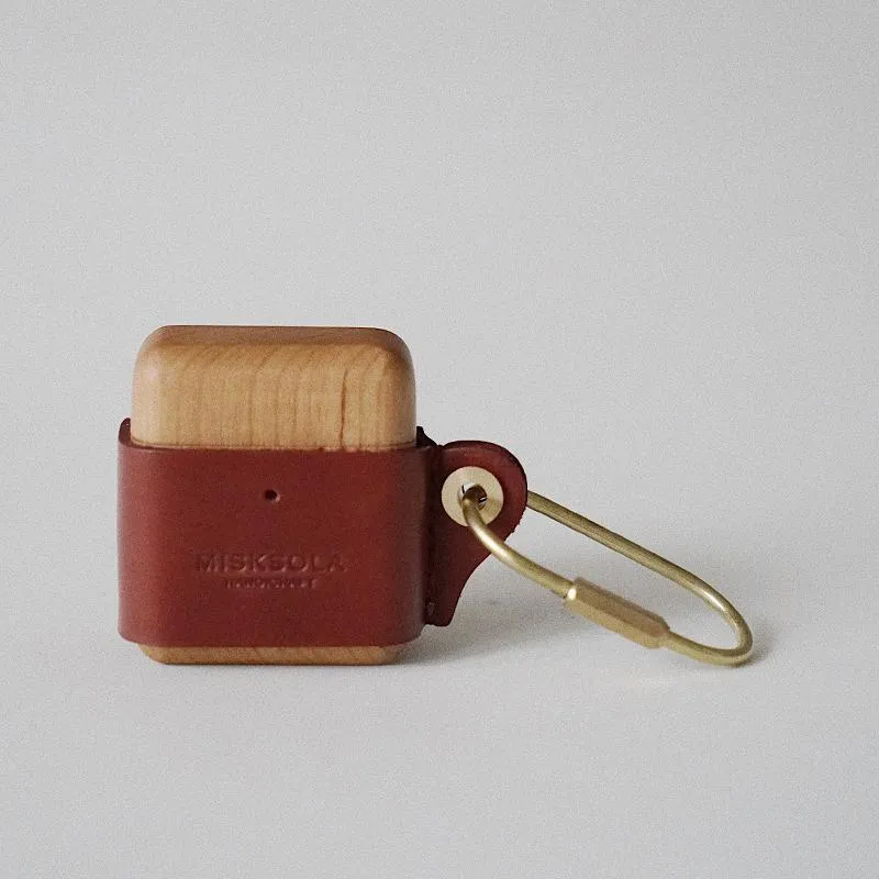Red Wood Leather AirPods 1,2 Case with Clip Strap Leather Pro AirPods Case Airpod Case Cover