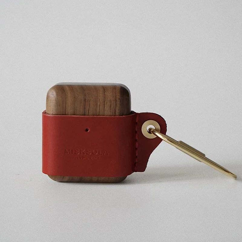 Red Wood Leather AirPods 1,2 Case with Clip Strap Leather Pro AirPods Case Airpod Case Cover