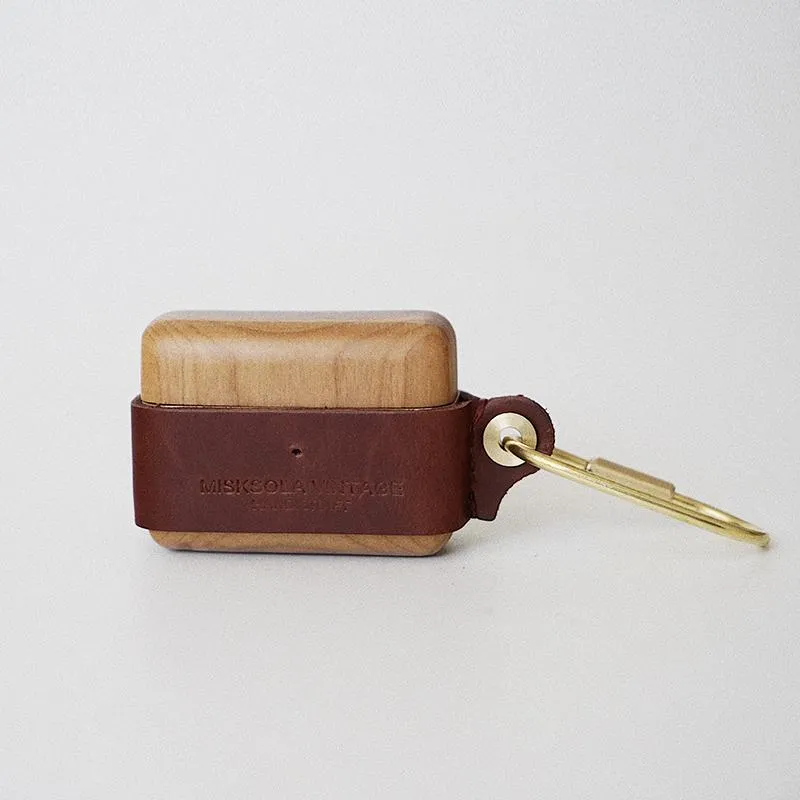 Red Wood Leather AirPods 1,2 Case with Clip Strap Leather Pro AirPods Case Airpod Case Cover
