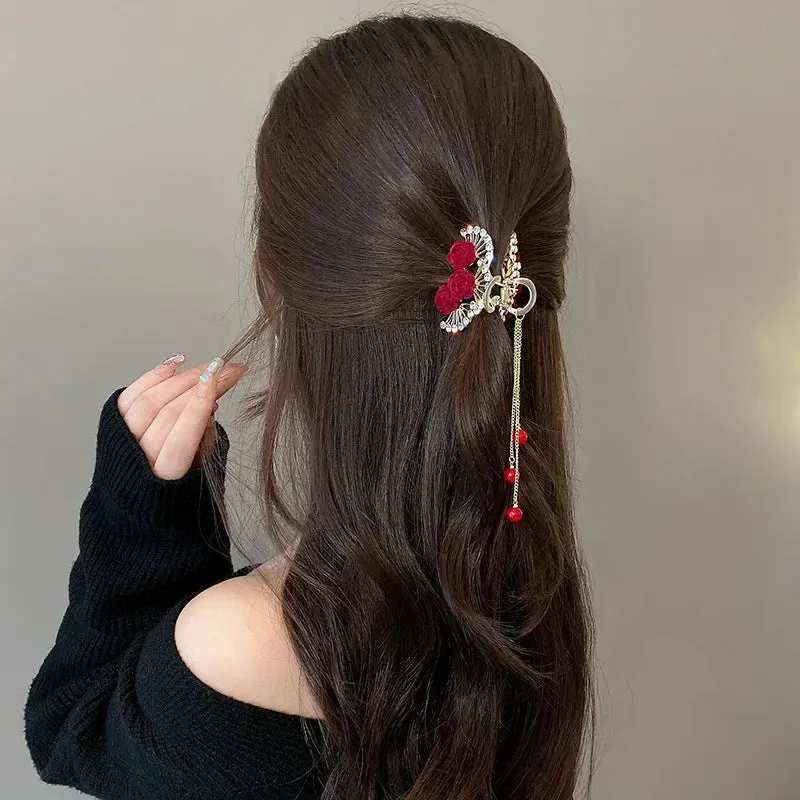 Rhinestone Pearl Tassel Hair Clip