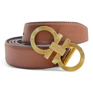 Salvatore Ferragamo Men's Tan Leather Belt with Gold Gancini Textured Buckle