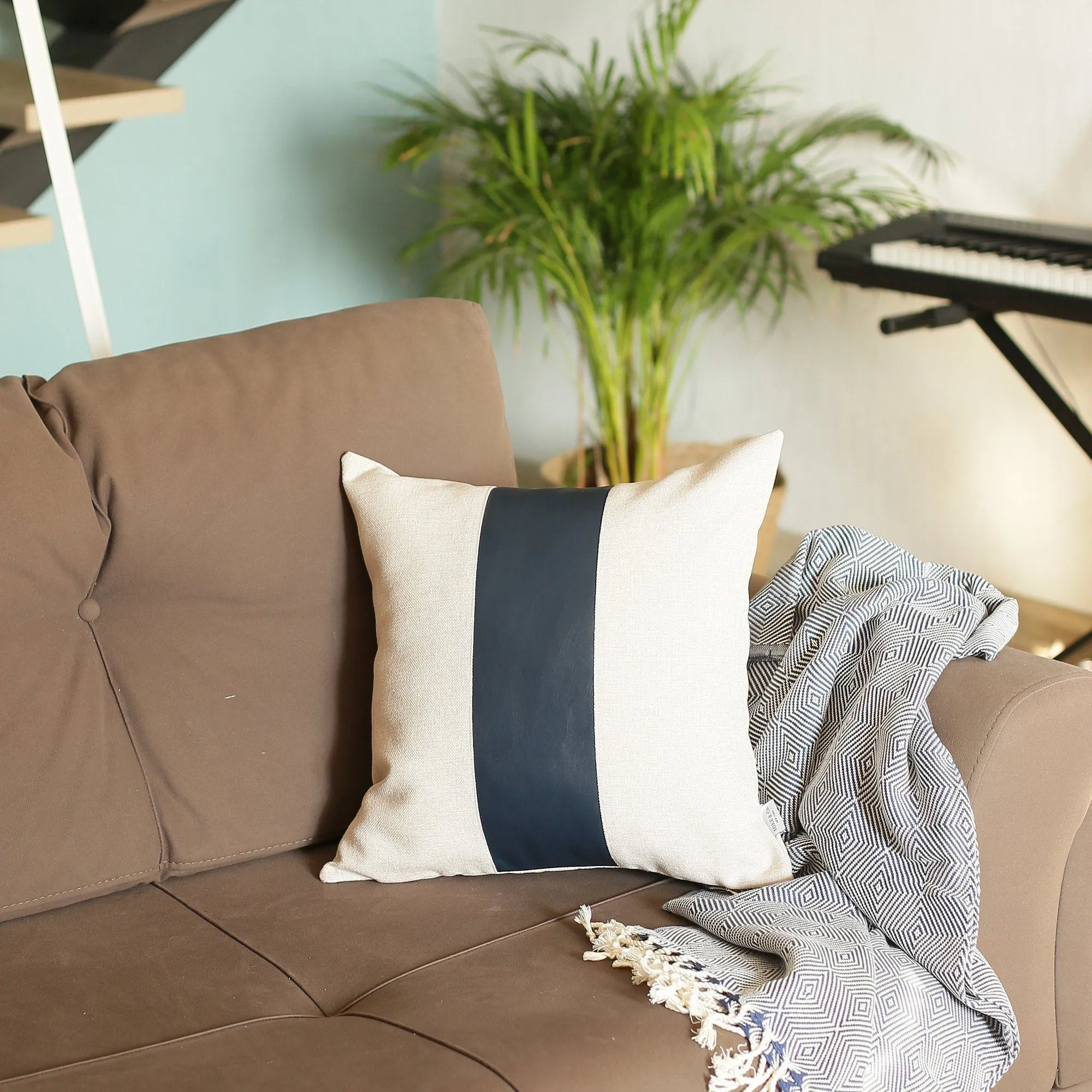 Set of 2 White and Navy Faux Leather Throw Pillows