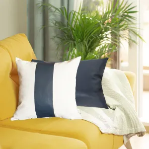 Set of 2 White and Navy Faux Leather Throw Pillows