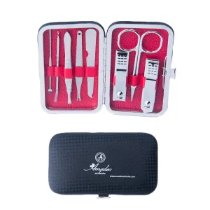 Silver Stainless Steel & Red Mens Manicure Pedicure Kit - 8 piece Grooming Kit with travel Case