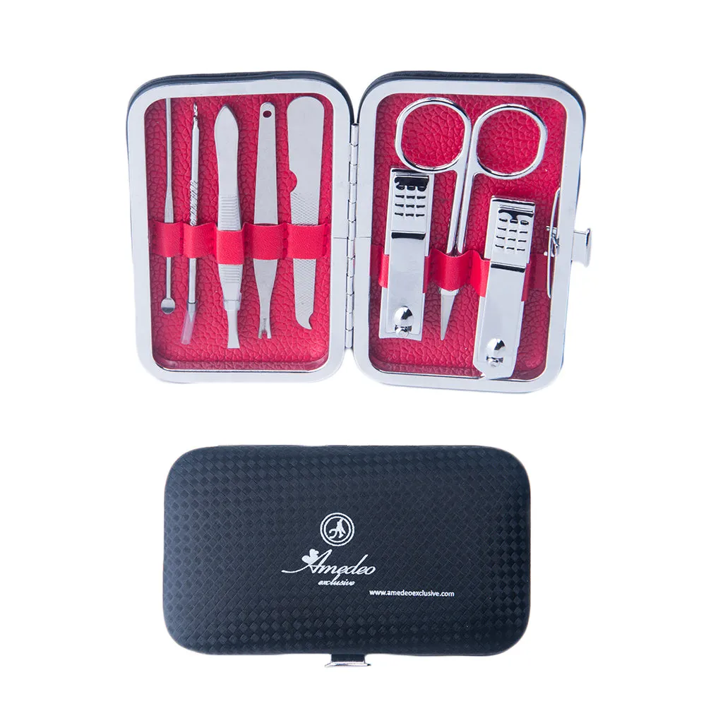 Silver Stainless Steel & Red Mens Manicure Pedicure Kit - 8 piece Grooming Kit with travel Case