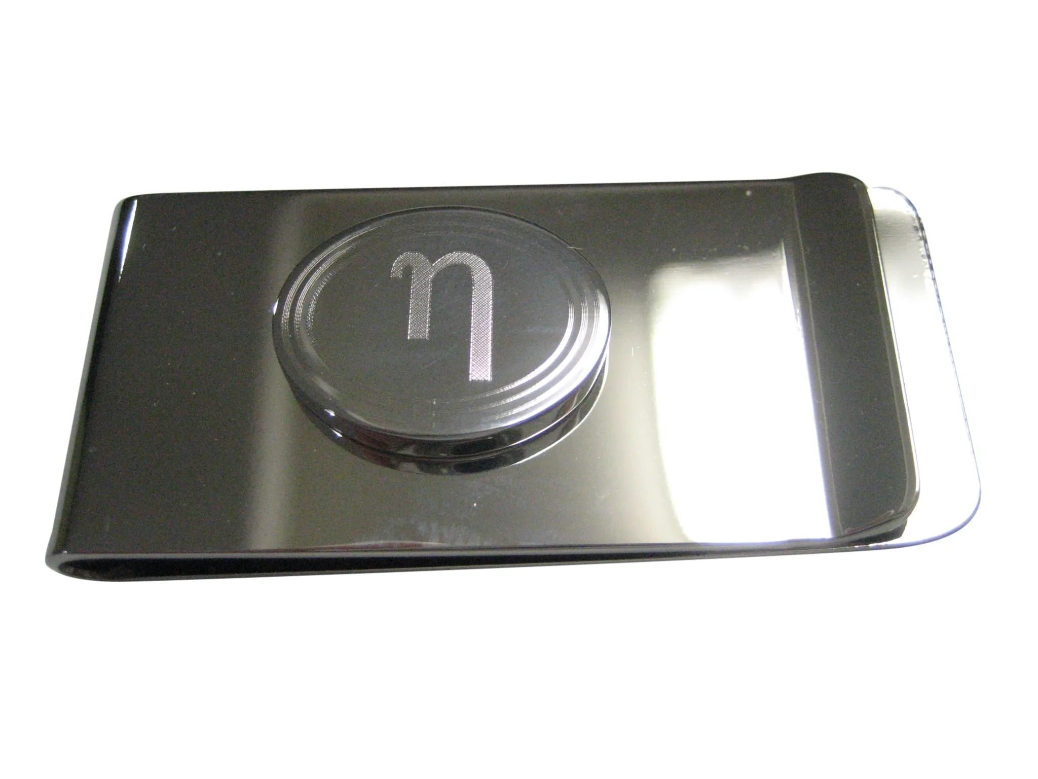 Silver Toned Etched Oval Greek Letter Eta Pendant Money Clip